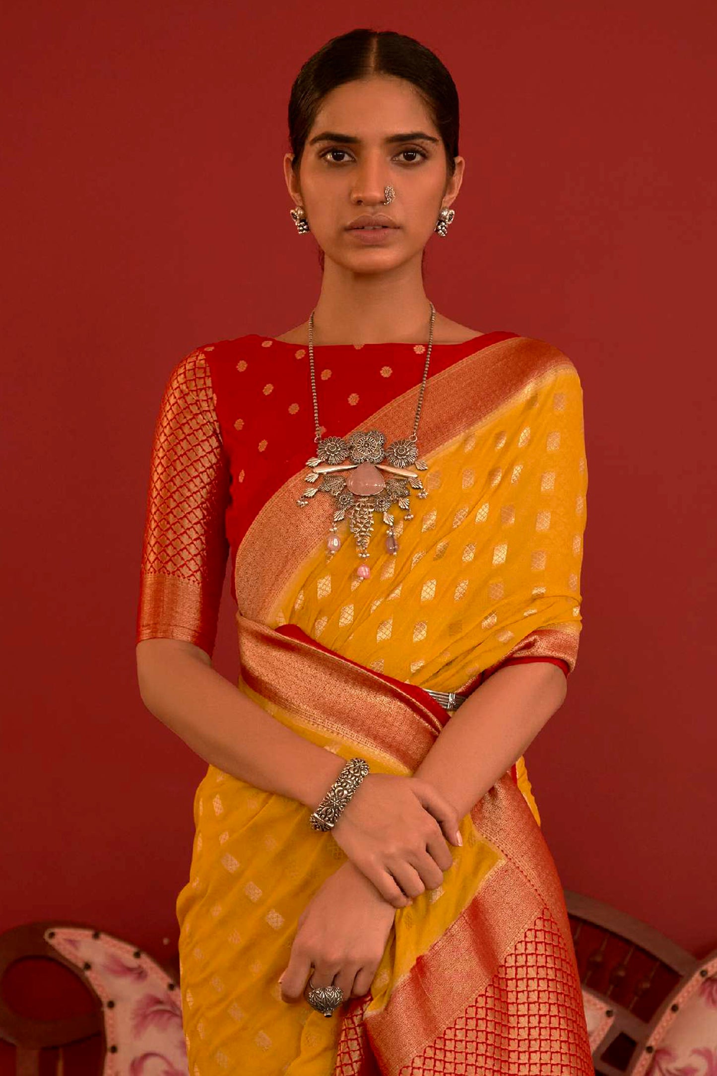 Mango Yellow Soft Kanjivaram Saree with Red Kanchi Pattu Border