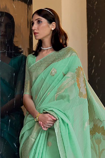 Seafoam Green  Zari Woven Floral Pallu Linen Saree.