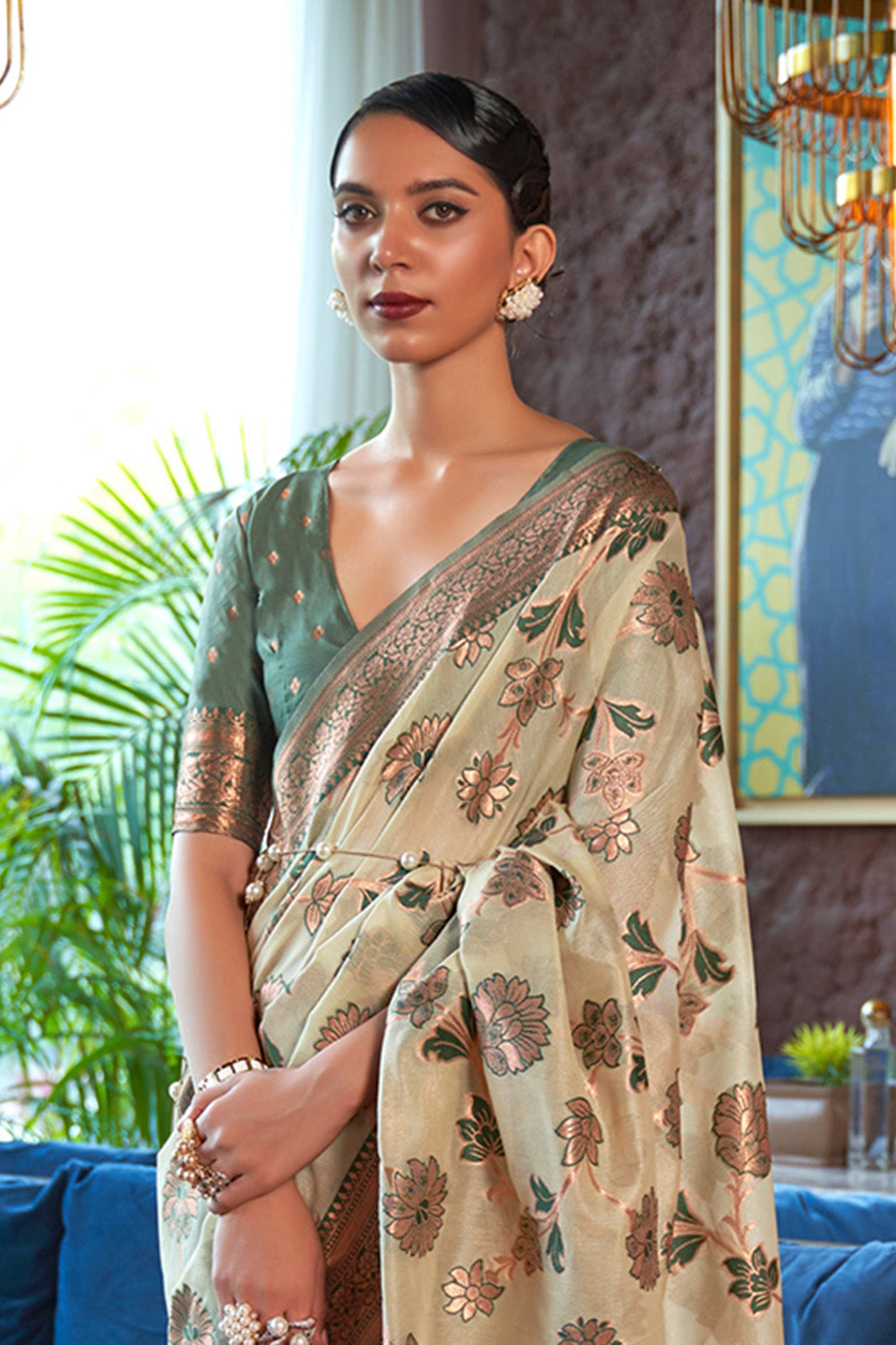 Jade Green Copper Zari Woven Floral Soft Organza Saree