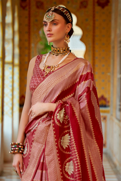 Brick Red Banarasi Silk Saree with Designer Blouse for Women