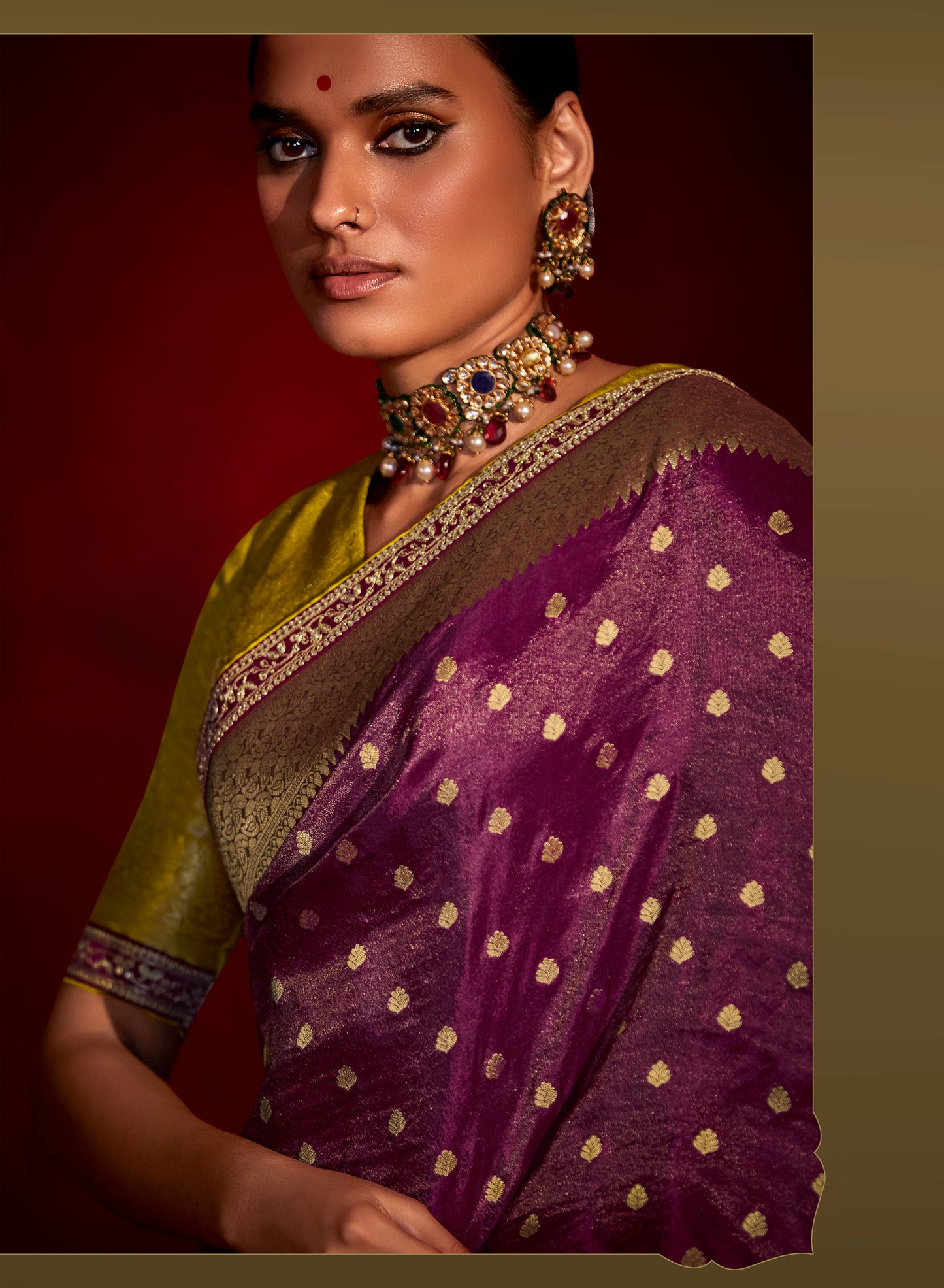 Wine Purple Banarasi Ektara Silk Saree with Mustard Yellow Blouse