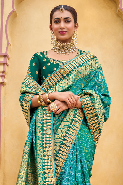 Teal Green  Dola Silk Big Bordered Designer Saree with Embroidered Blouse