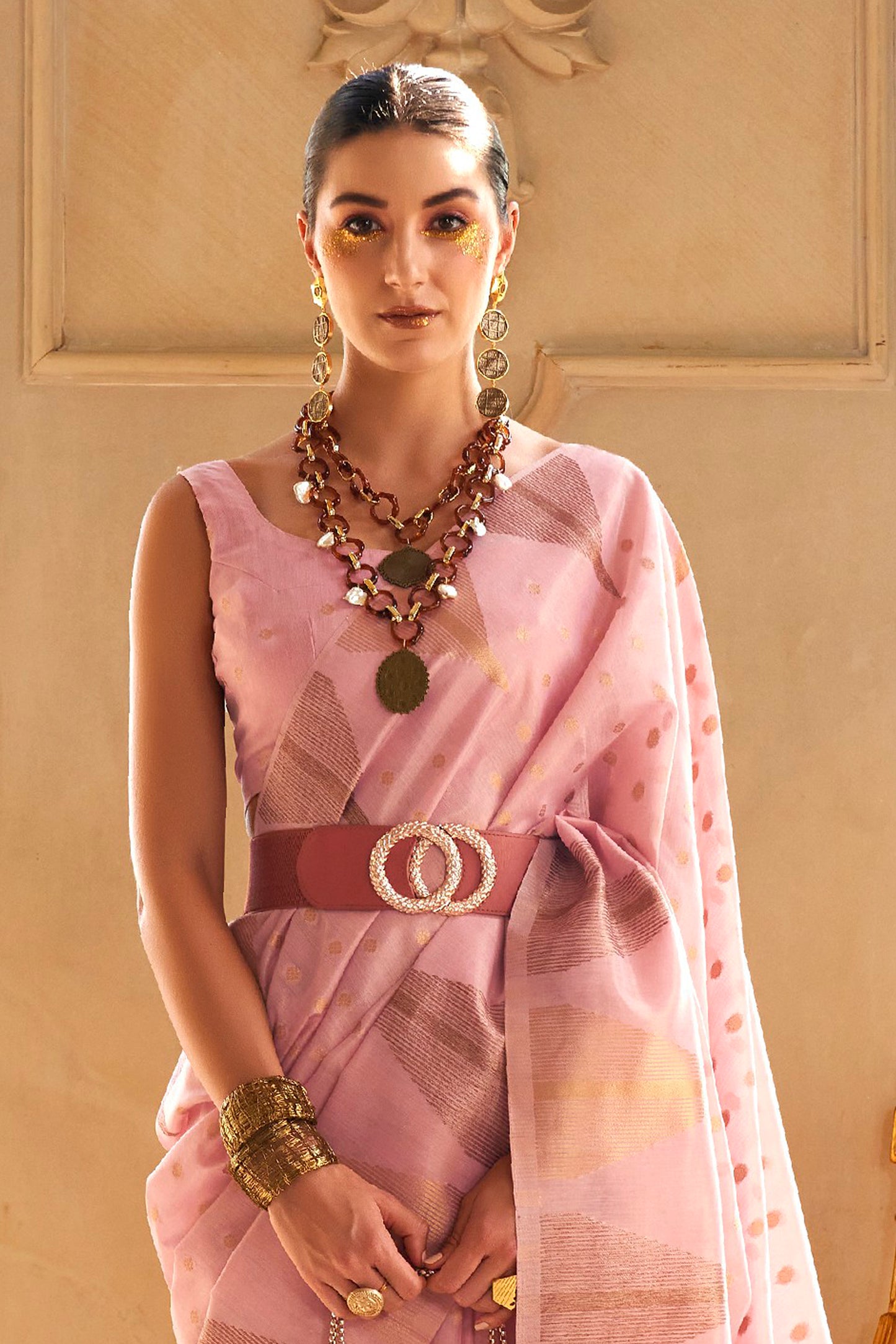 Rouge Pink Temple Bordered Designer Soft Tissue Saree for Weddings