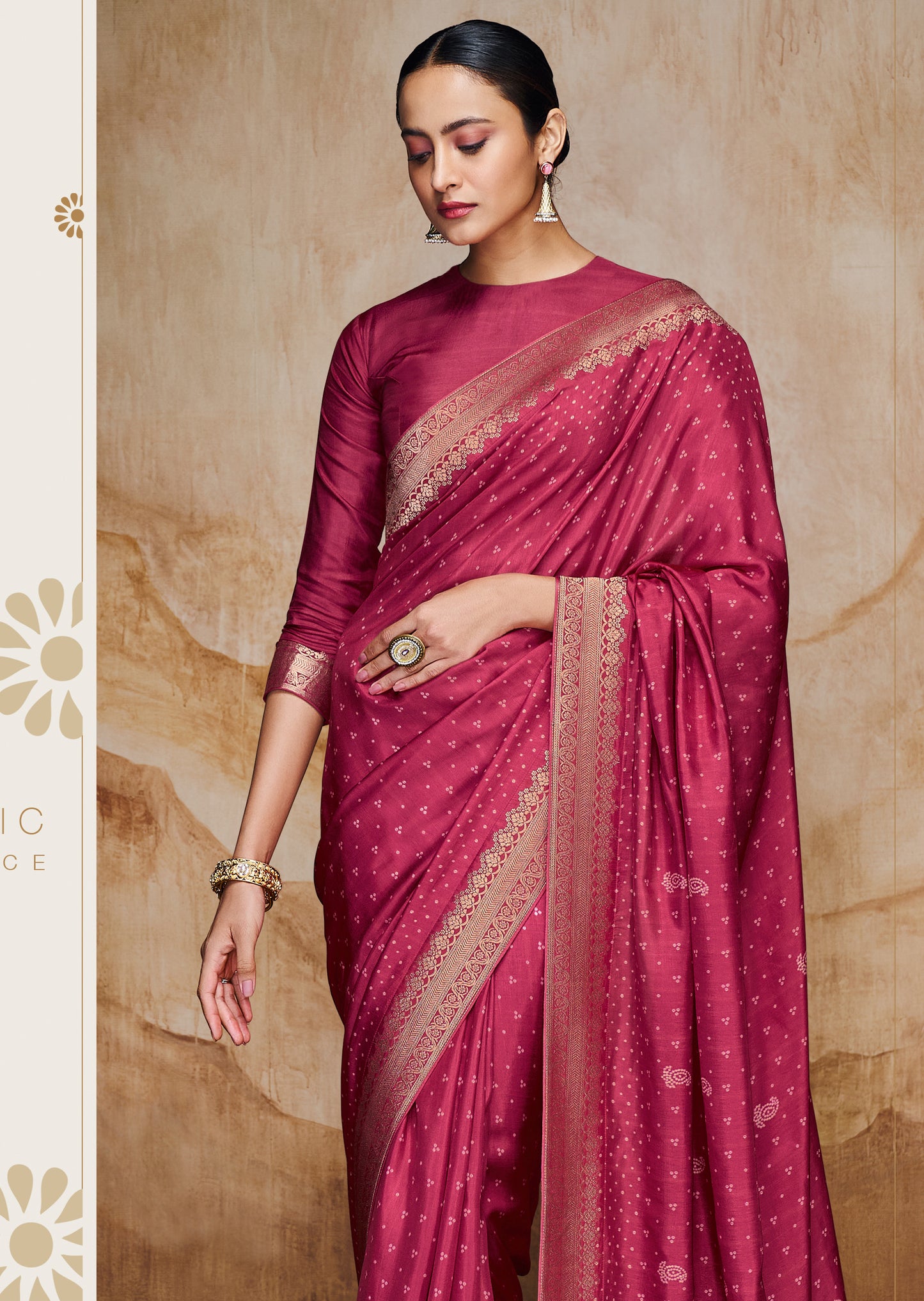 Dark Rose Pink Bandhani Saree with Embroidered Border and Velvet Blouse