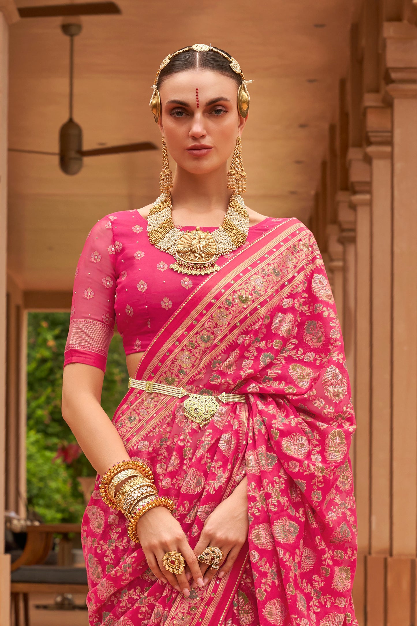 Bright Fuchsia Pink Floral Broad Design Border Soft Silk Saree