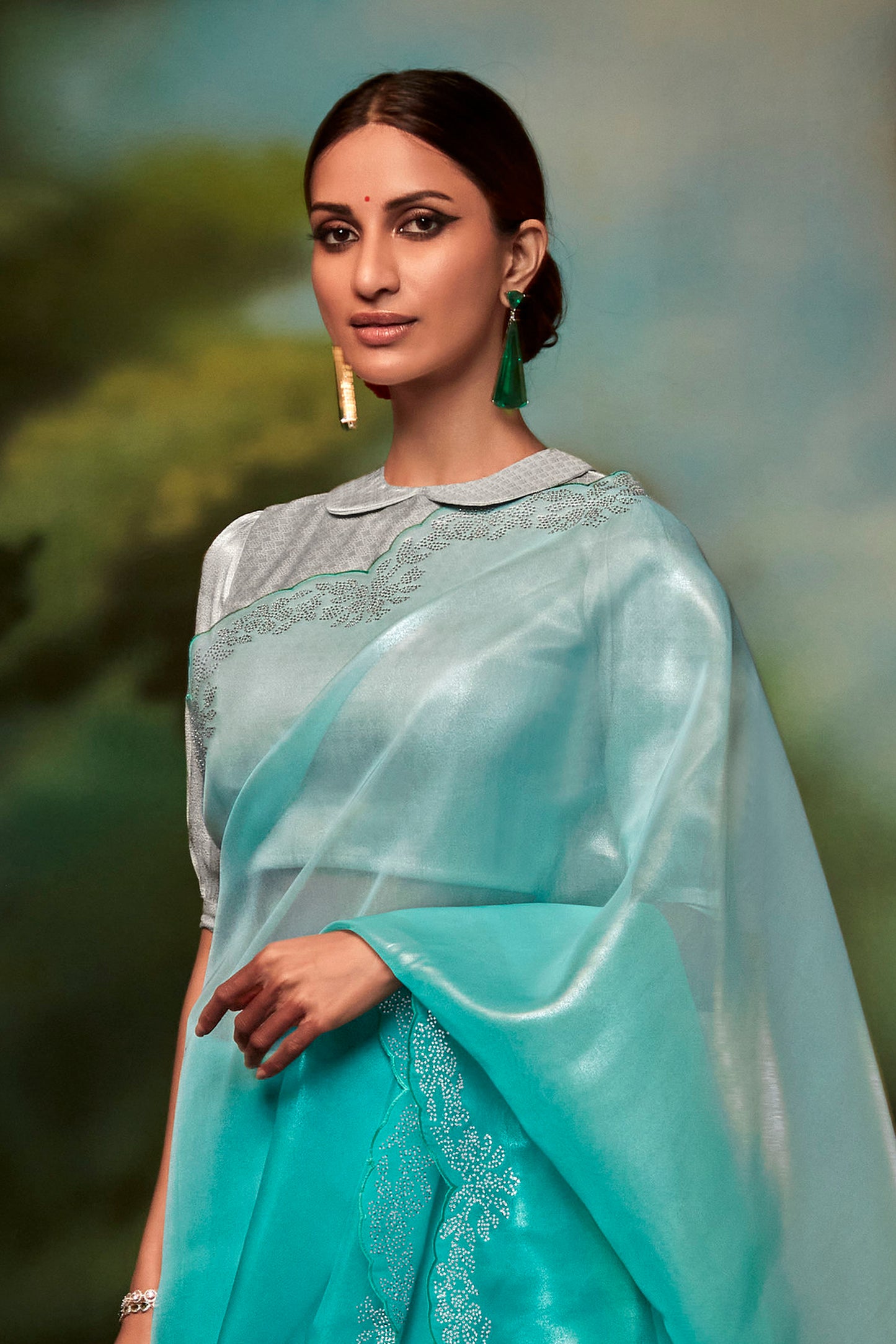 Ombre Blue Feather Light Organza Saree with Designer Blouse