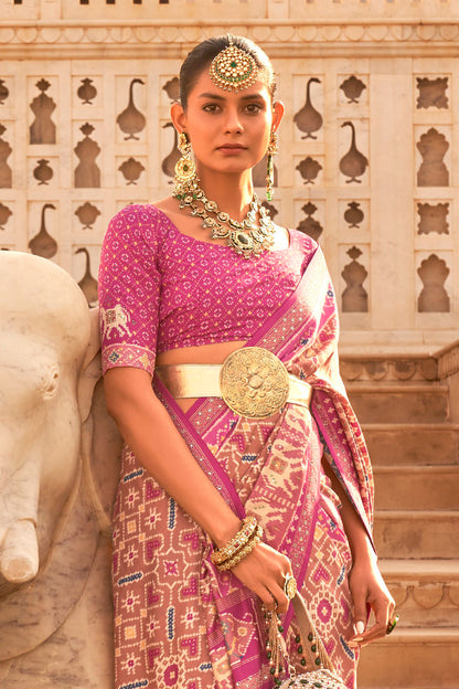 Mauve Pink Woven Patola Designer Saree with Elephant Border