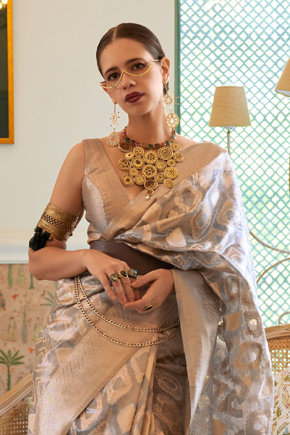 Sparkling Grey Soft Tissue Zari Jaal Weaving Saree for Weddings
