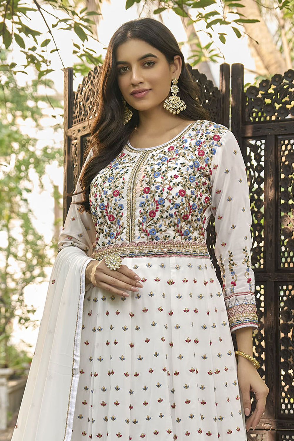 White Floral Embroidered Partywear Gown Suit with Dupatta