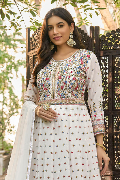 White Floral Embroidered Partywear Gown Suit with Dupatta