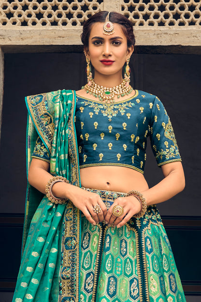 Shades Of Peacock Heavy Crushed Silk Lahenga with Banarasi Duptaa