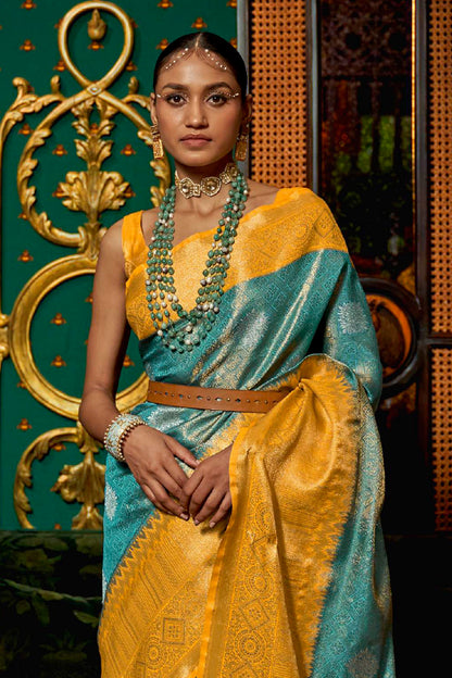 Light Blue Shimmer Silk Kanjivaram Style Saree with Yellow Border