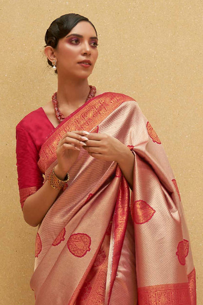 Imperial Red and Copper Designer Kanjivaram Silk Saree with Antique Finish