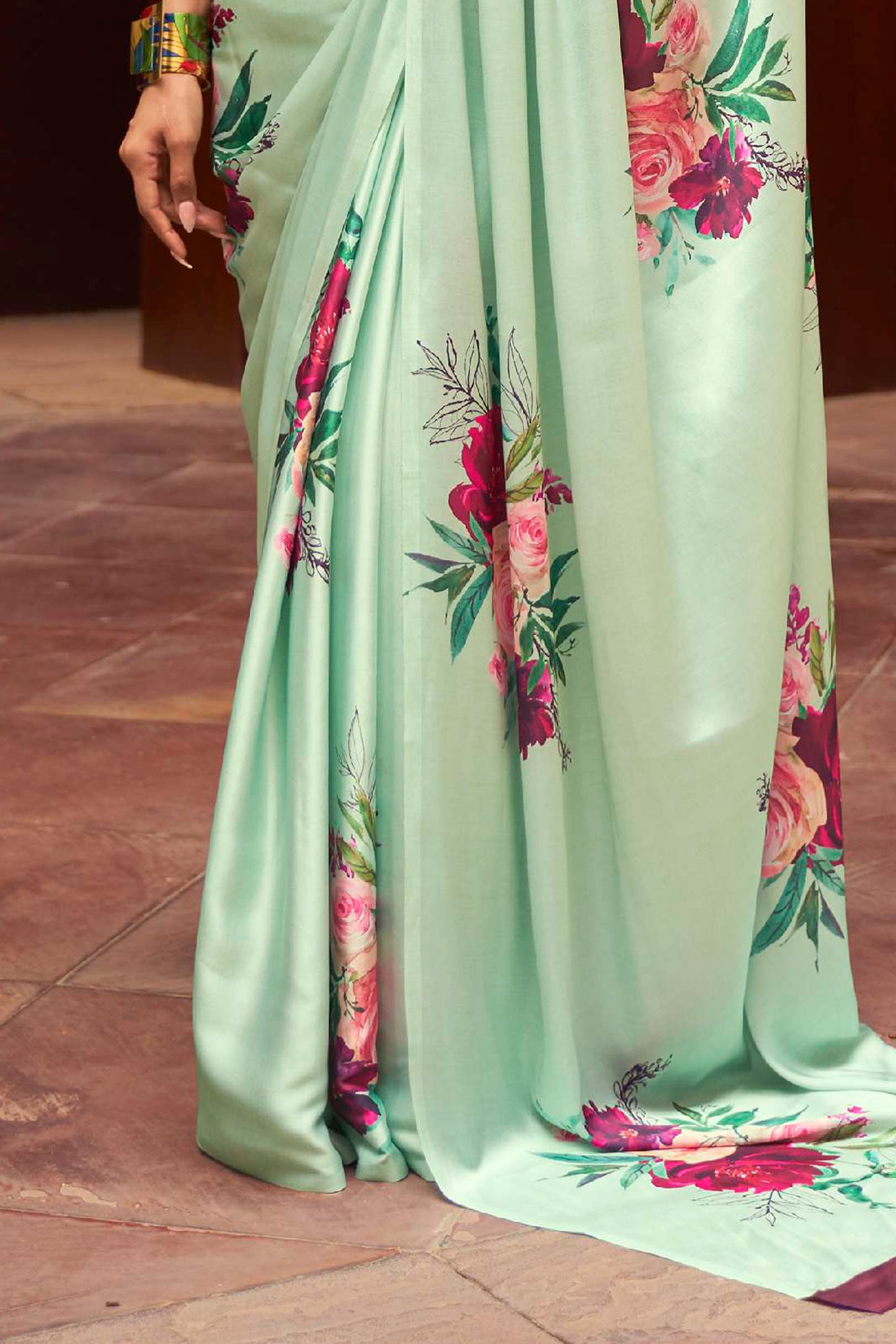 Light Green Floral 3D Printed Pure Satin Silk Saree for Weddings
