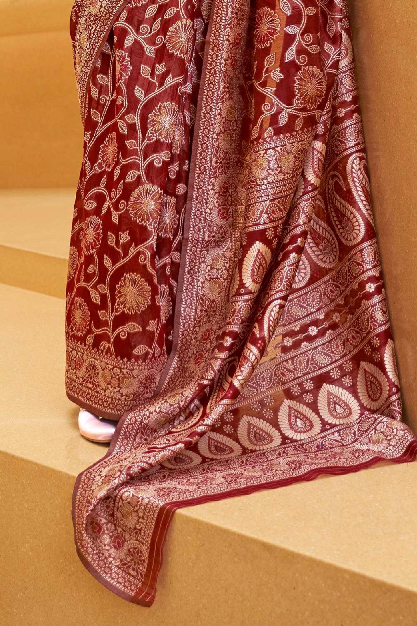 Apple Red Woven Chikankari Saree with Meenakari Zari Weaving