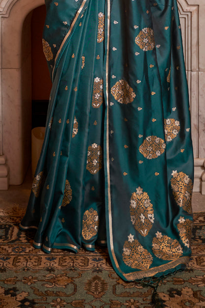 Deep Teal Pure Satin Weaving Silk Saree with Dual Zari Butti