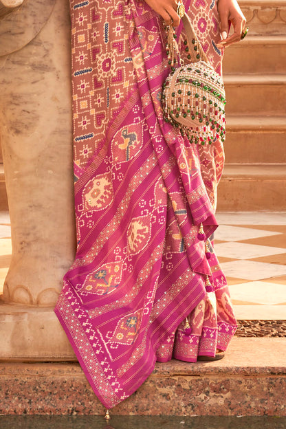 Mauve Pink Woven Patola Designer Saree with Elephant Border