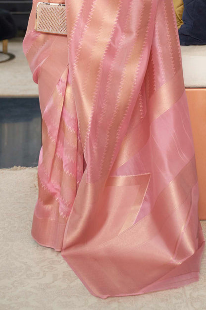 Peach Pink Golden Soft Banarasi Organza Silk Saree with Blouse