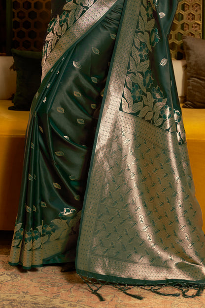 Sacramento Green Floral Petals Banarasi Silk Saree with Designer Blouse for Women