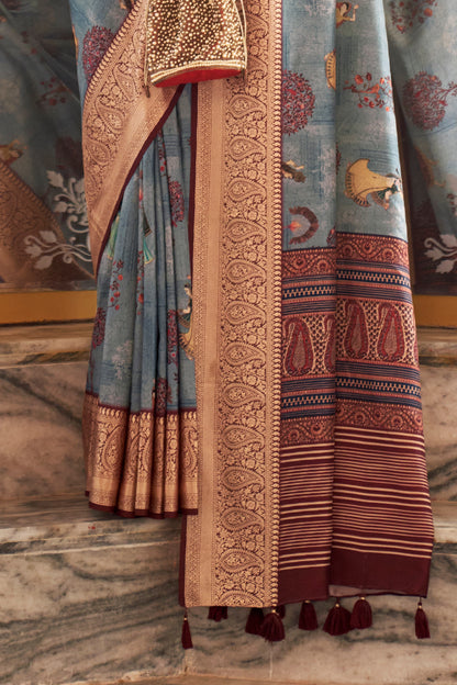 Slate Grey Pen Kalamkari Printed Silk Saree with Woven Kanchi Pallu