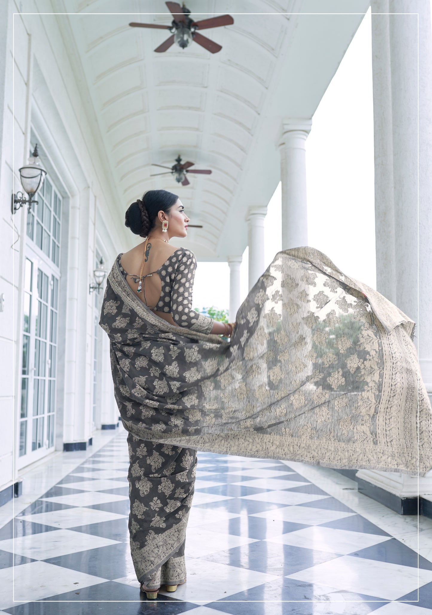 Smoky Grey Woven Chikankari Saree with Intricate Design