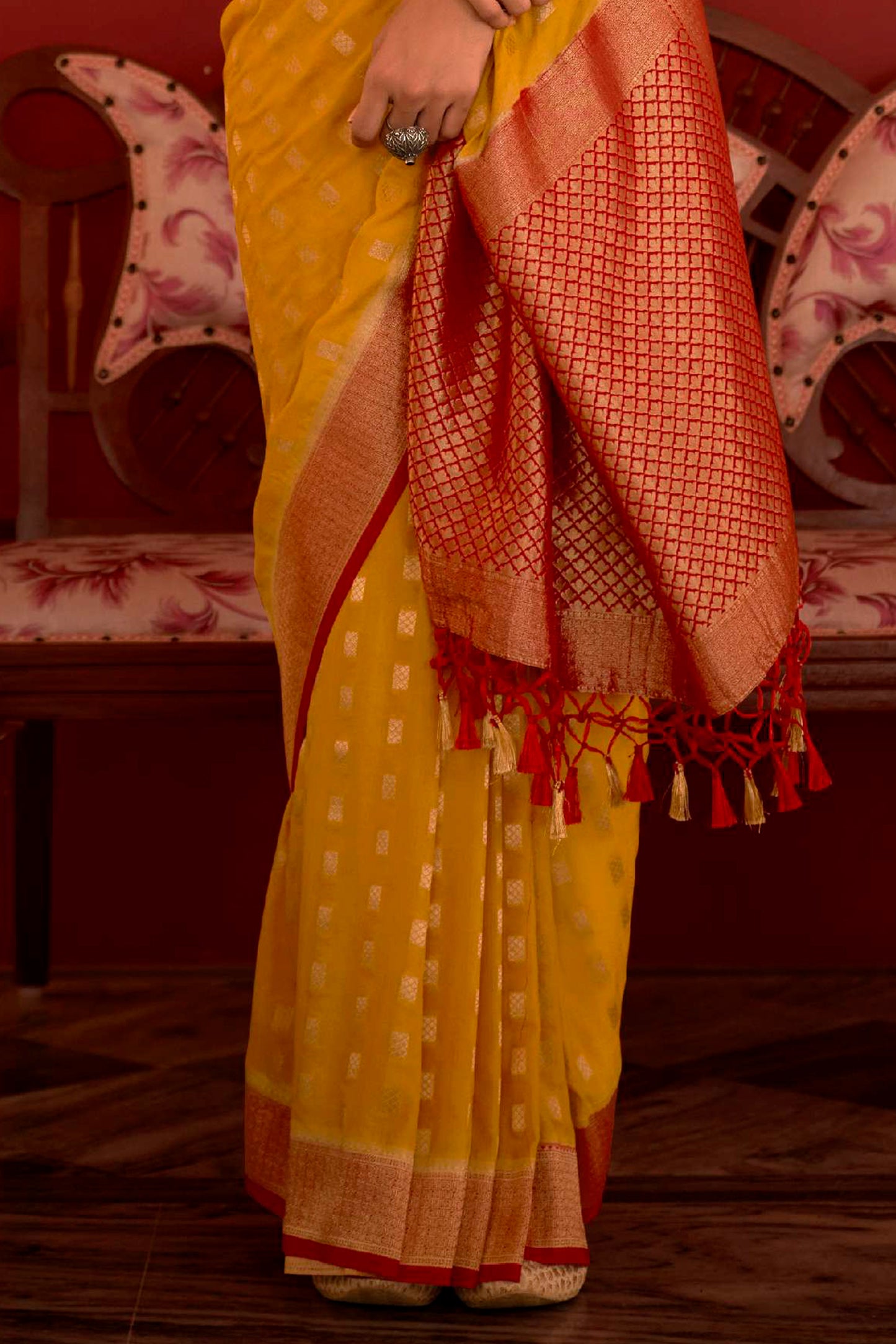 Mango Yellow Soft Kanjivaram Saree with Red Kanchi Pattu Border