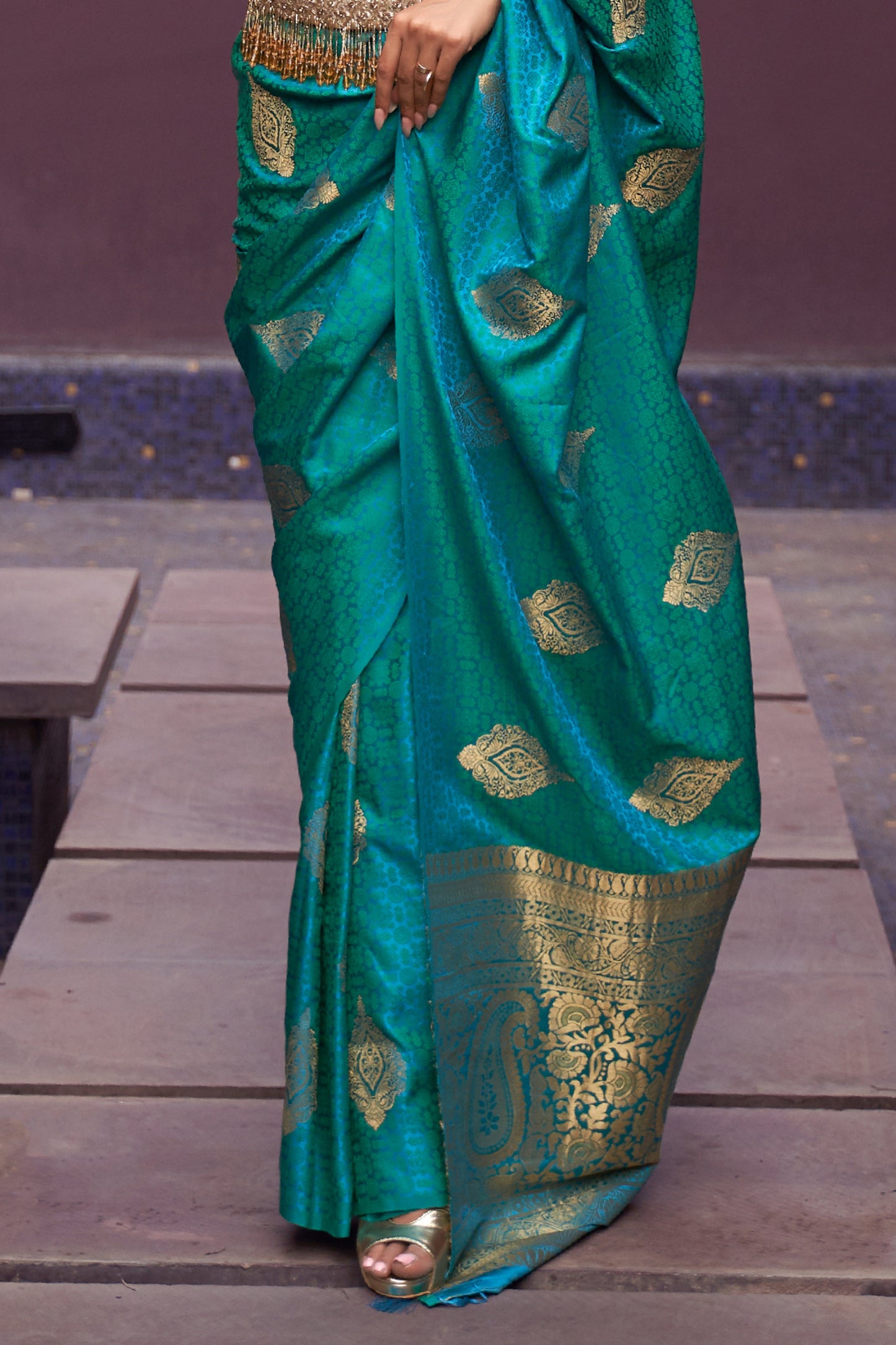 Firozi Blue Kanjivaram Style Woven Silk Saree with Zari