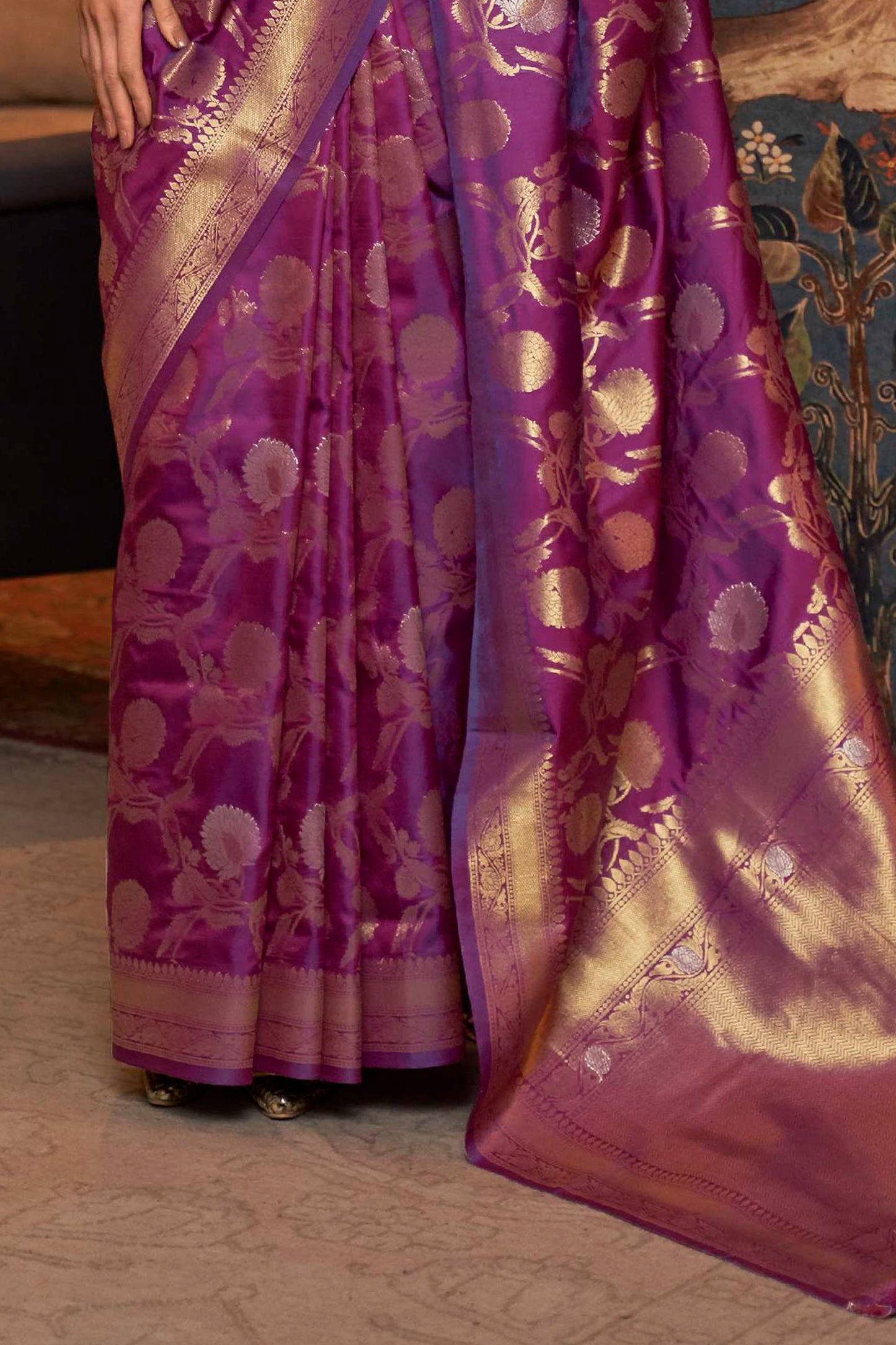 Plum Purple Woven Banarasi Jungla Jaal Soft Silk Saree