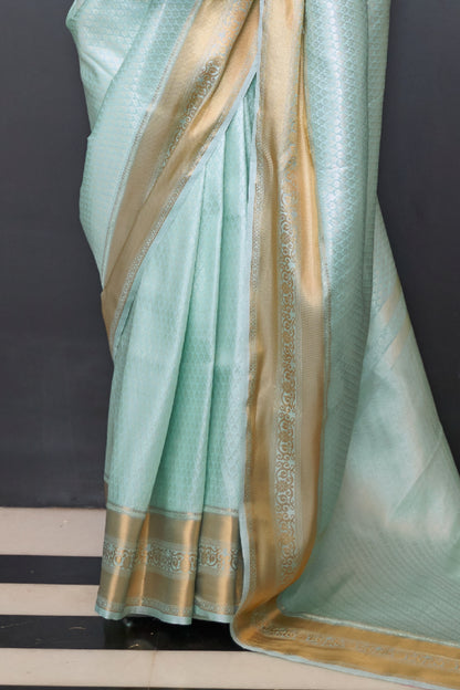 Arctic Blue and Golden Kanjivaram Silk Saree with Antique Finish & Glossy Texture