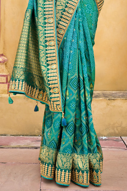 Teal Green  Dola Silk Big Bordered Designer Saree with Embroidered Blouse