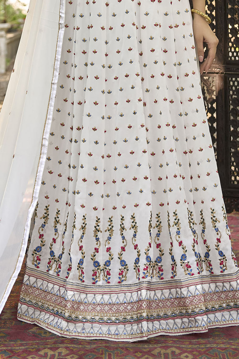 White Floral Embroidered Partywear Gown Suit with Dupatta