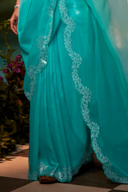 Ombre Blue Feather Light Organza Saree with Designer Blouse