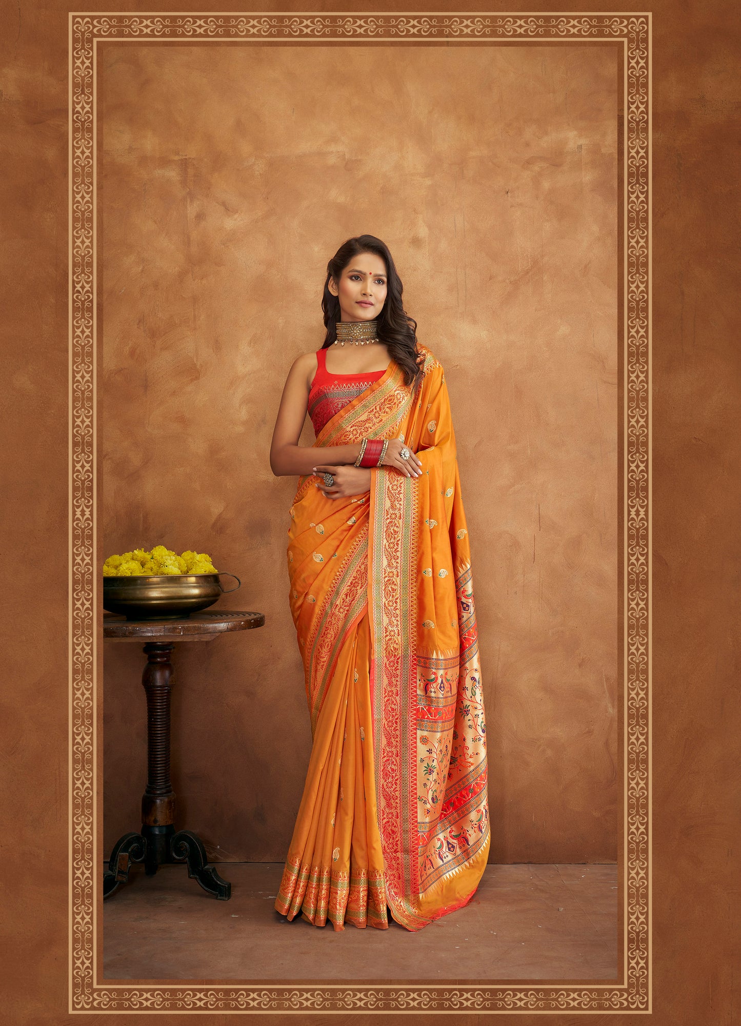 Mango Yellow Woven Paithani Soft Silk Saree for Weddings