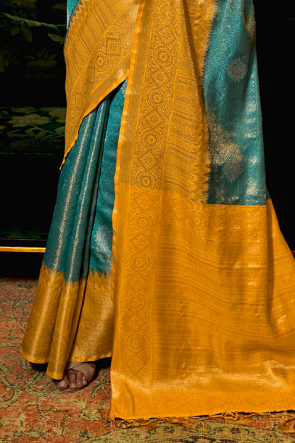 Light Blue Shimmer Silk Kanjivaram Style Saree with Yellow Border