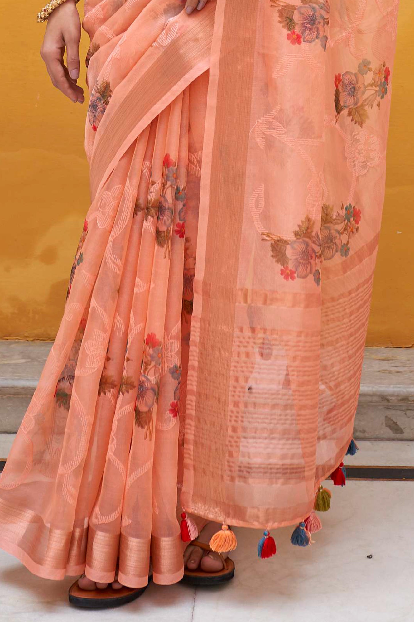 Peach Floral Organza Water Sequence Embellished Lightweight Saree