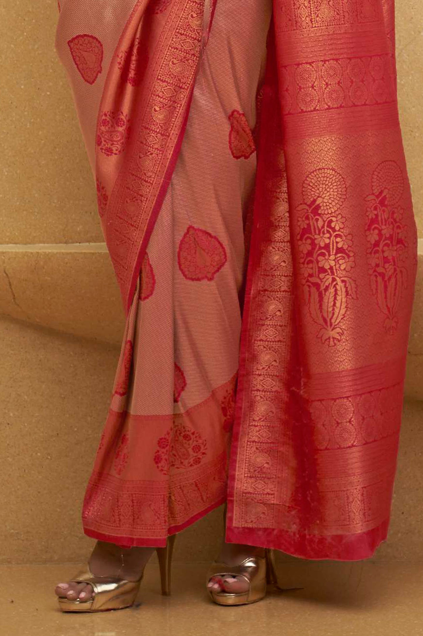 Imperial Red and Copper Designer Kanjivaram Silk Saree with Antique Finish