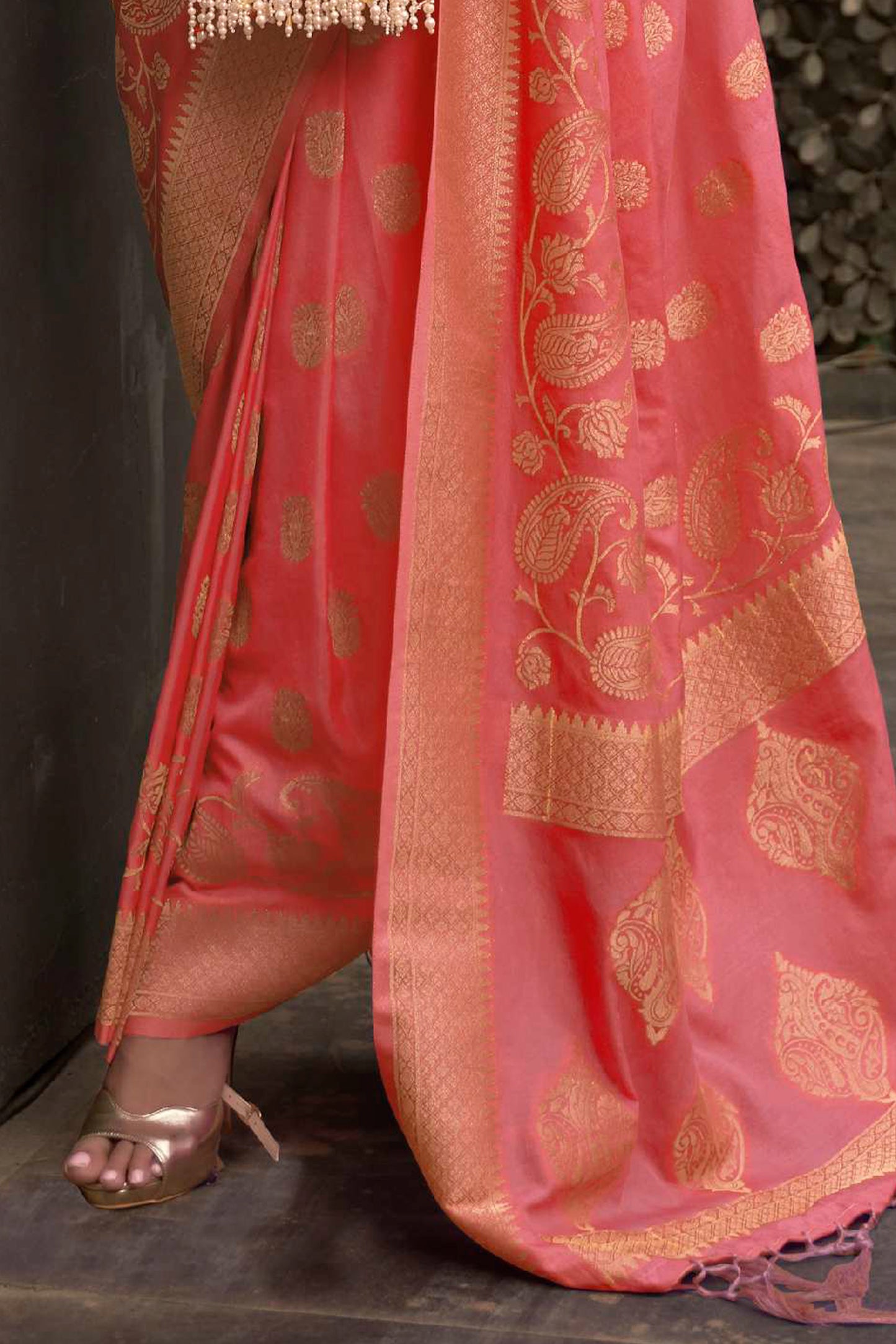 Dark Peach Banarasi Zari Woven Designer Saree with Grand Pallu
