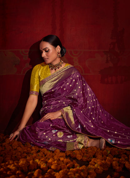 Wine Purple Banarasi Ektara Silk Saree with Mustard Yellow Blouse