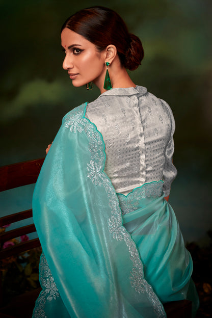 Ombre Blue Feather Light Organza Saree with Designer Blouse