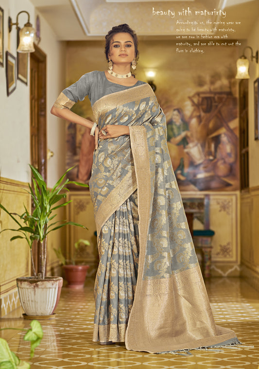 Powder Grey Banarasi Jungla Jaal Zari Woven Saree for Weddings