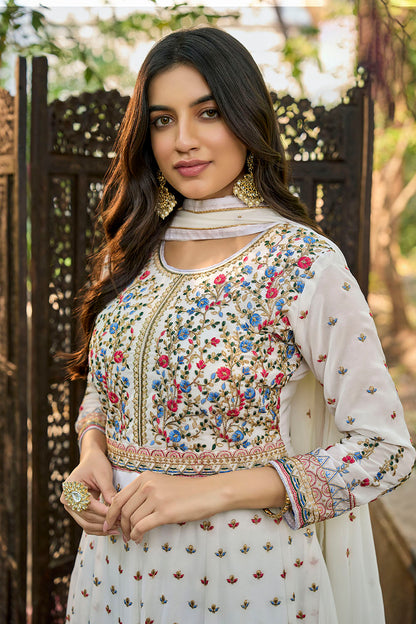 White Floral Embroidered Partywear Gown Suit with Dupatta