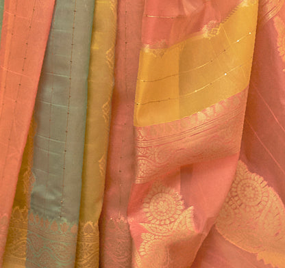 Salmon, Peach and Yellow Shadded Beautiful Organza Silk Saree Blouse for Woman