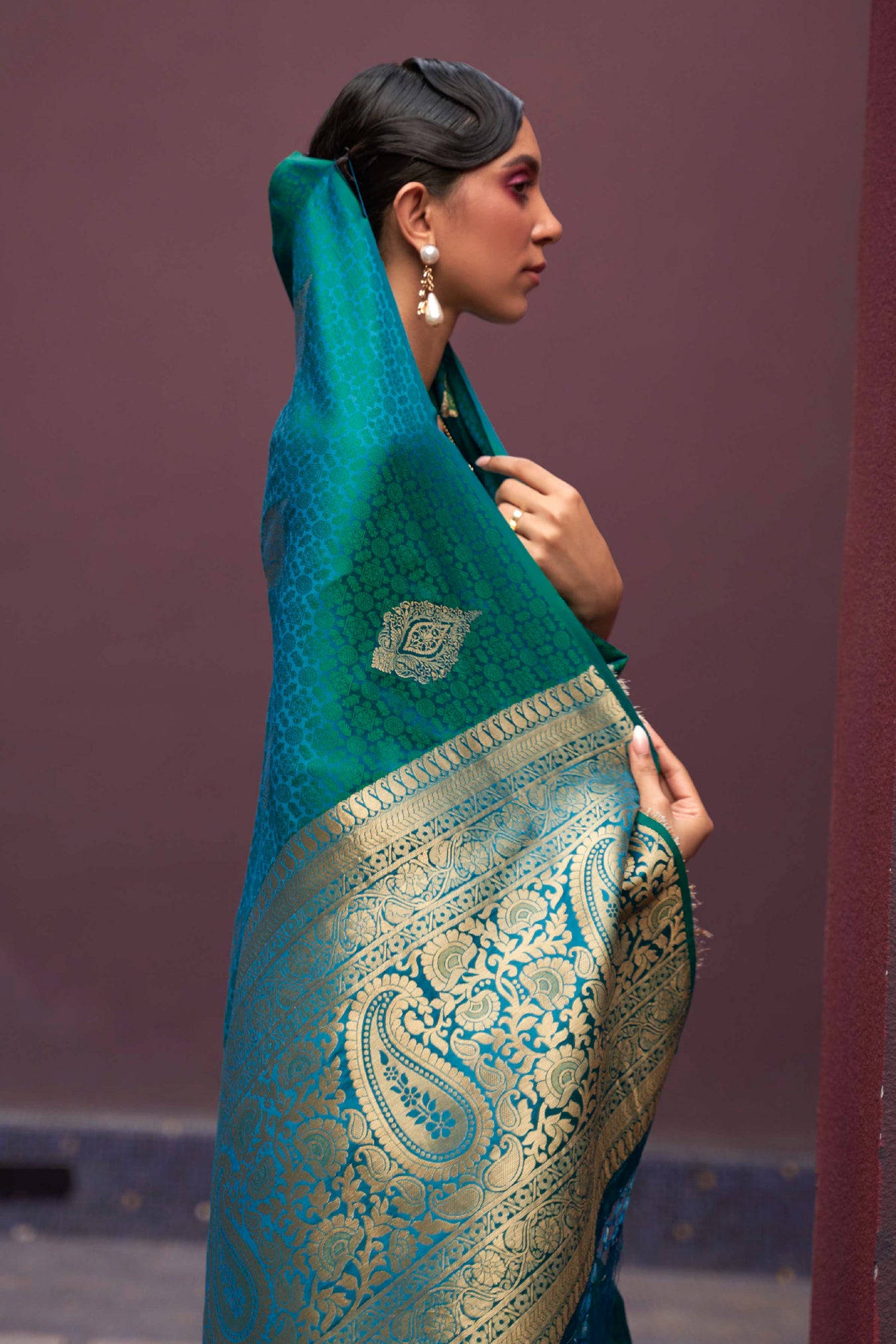 Firozi Blue Kanjivaram Style Woven Silk Saree with Zari