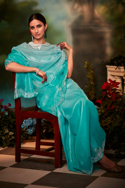 Ombre Blue Feather Light Organza Saree with Designer Blouse