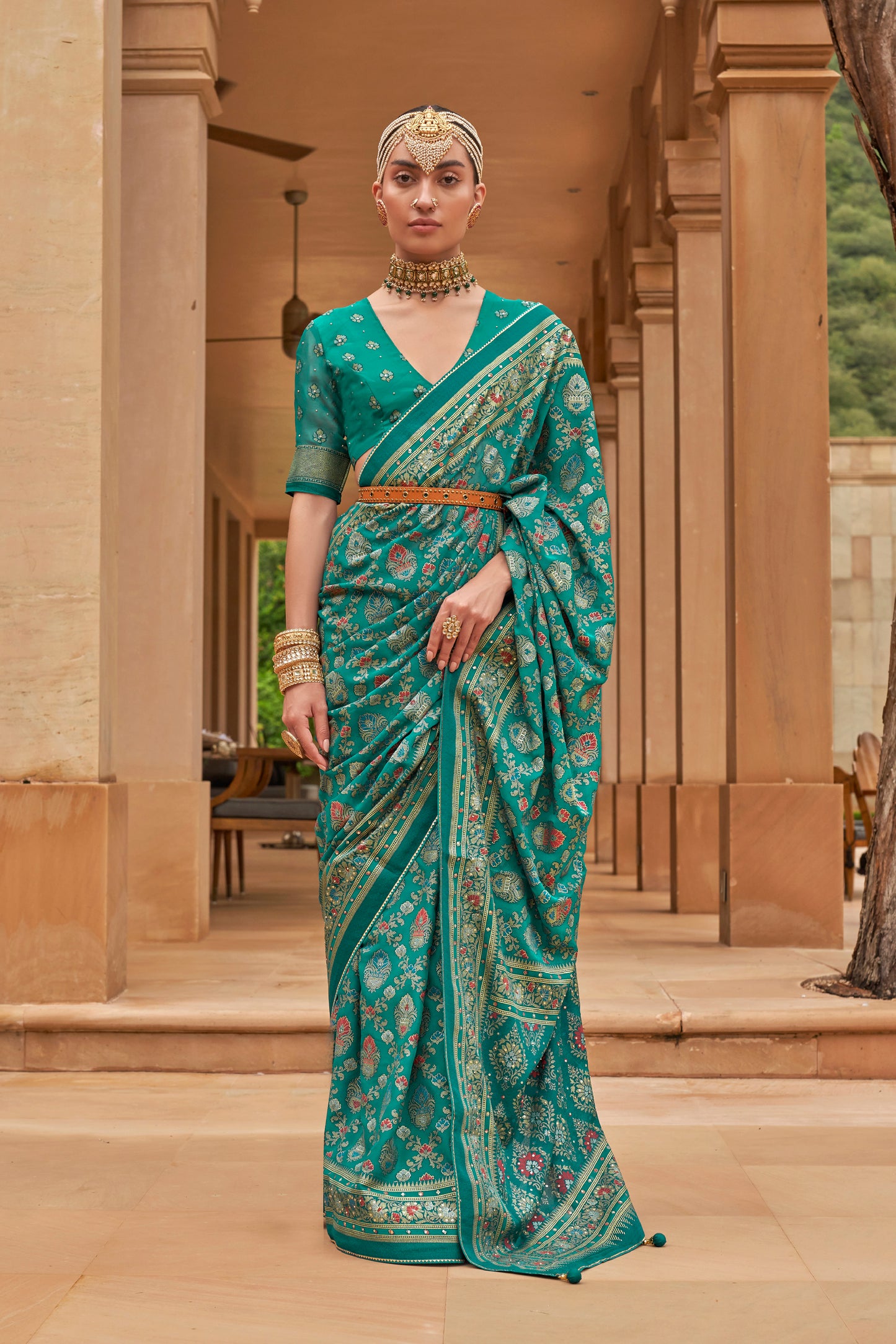 Ocean Green Floral Broad Design Border Soft Silk Saree