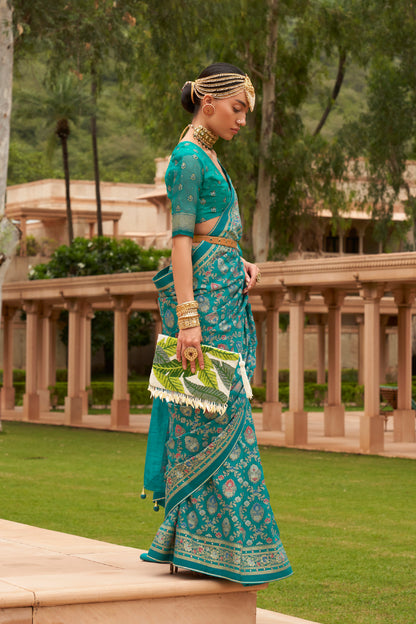 Ocean Green Floral Broad Design Border Soft Silk Saree