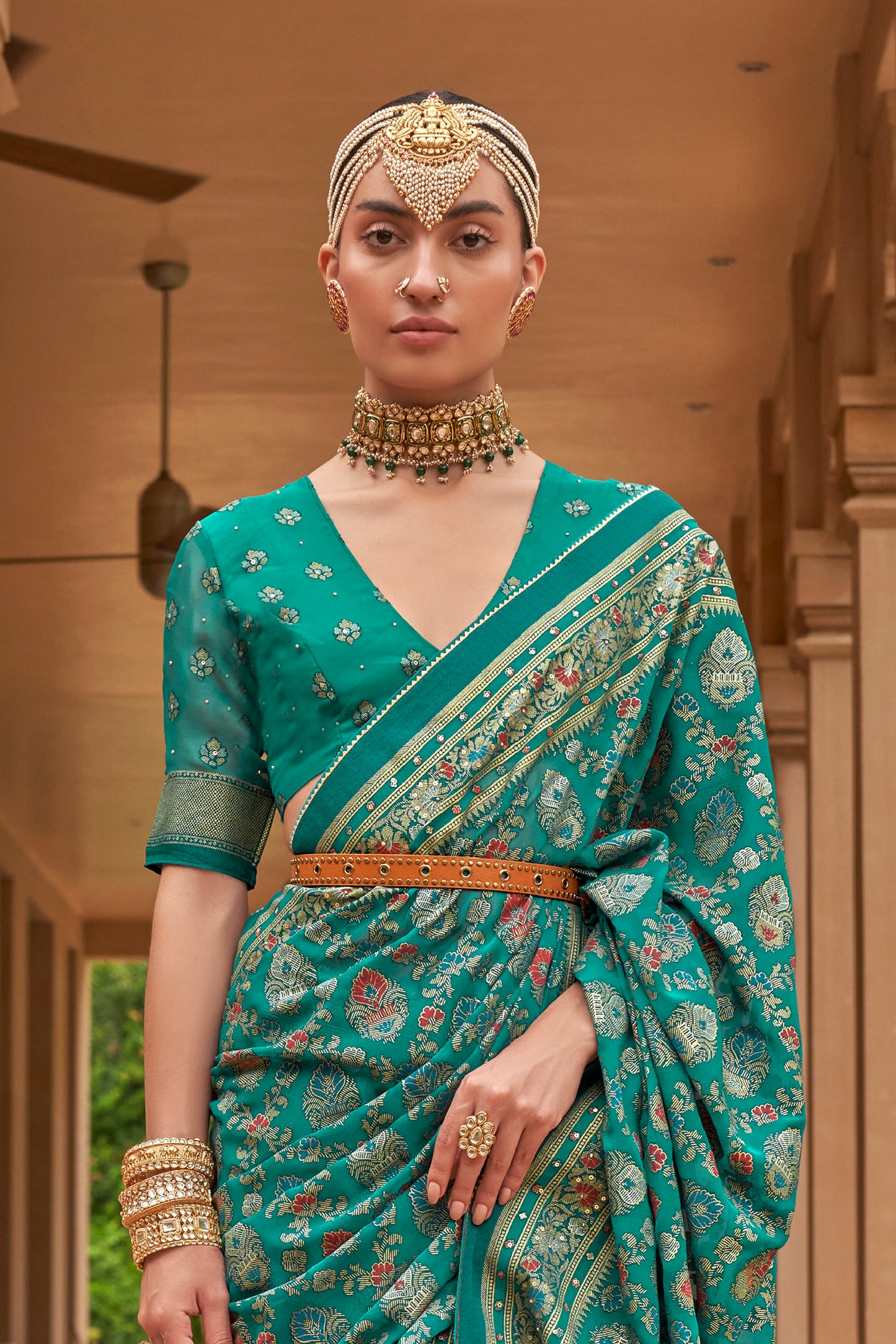 Ocean Green Floral Broad Design Border Soft Silk Saree