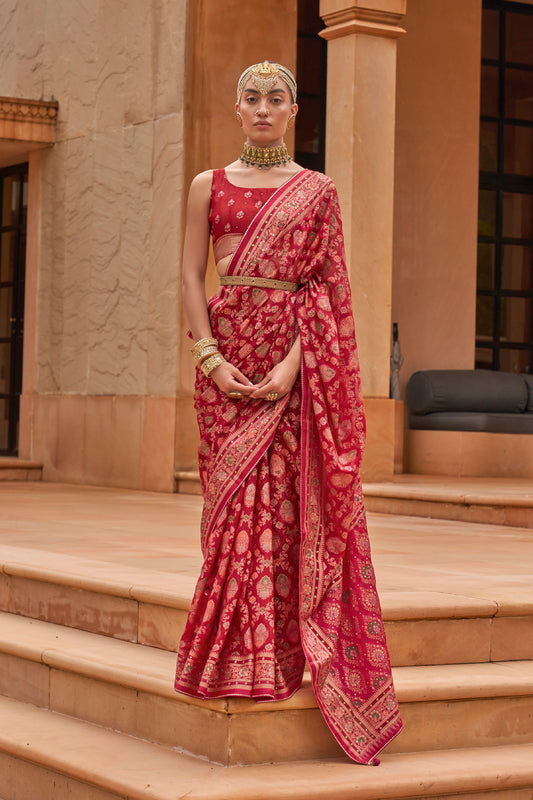 Strawberry Red Floral Broad Design Border Soft Silk Saree