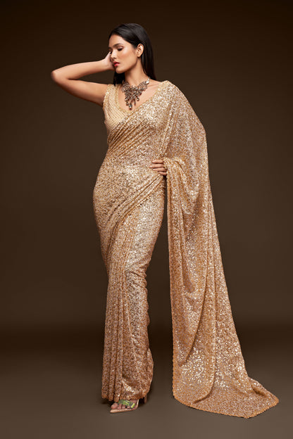 Cream Golden Sequin emblished Designer Sparkling Georgette Saree Bloue for Every Occassions