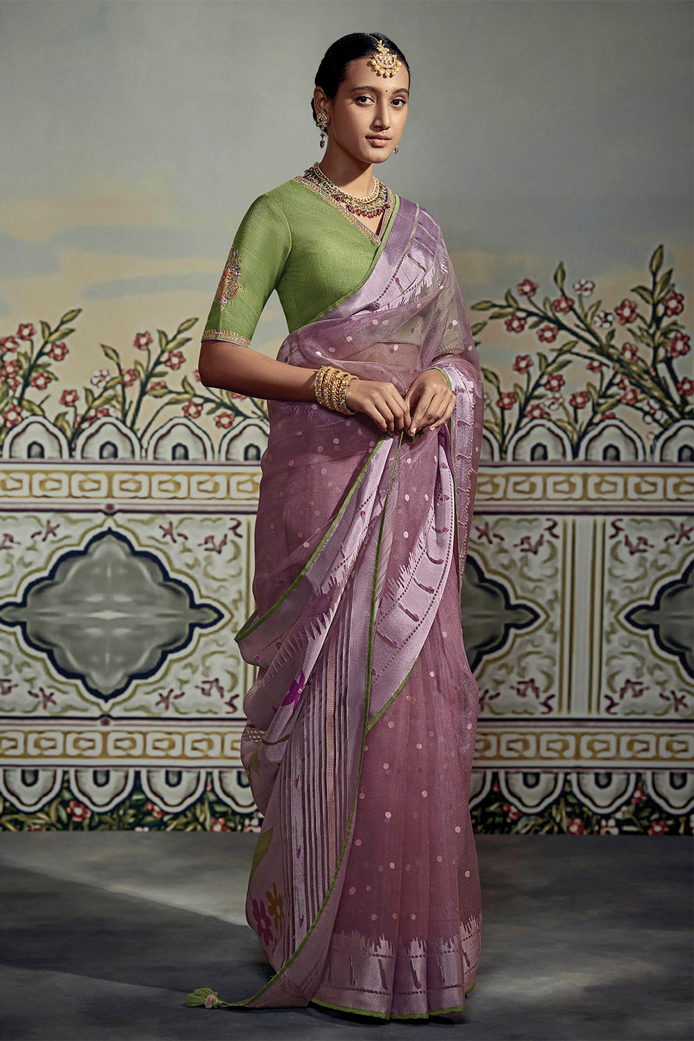 Pale Purple Soft Brasso Silk Saree with Olive Green Blouse